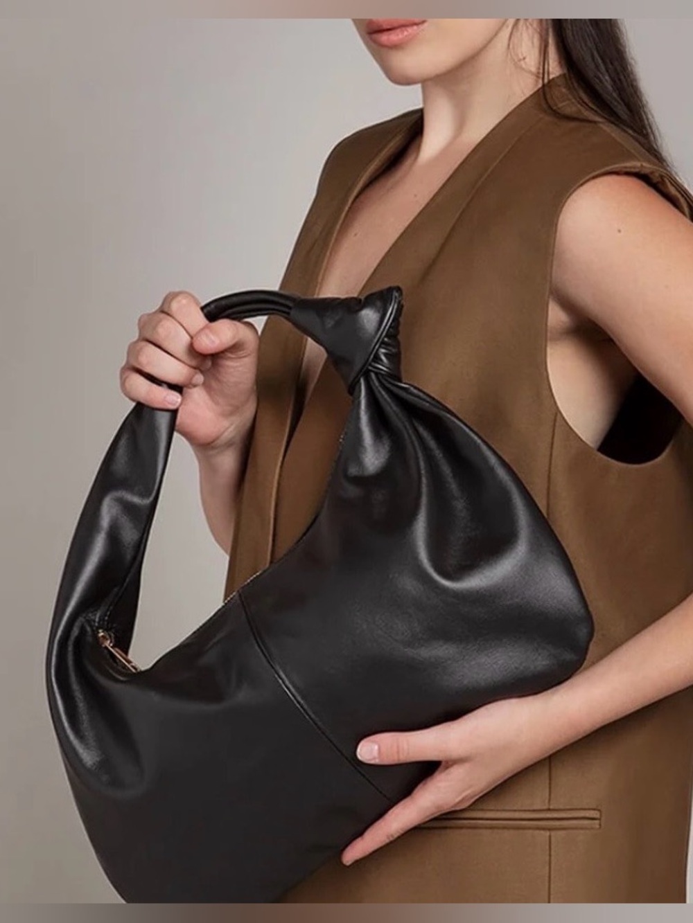 Black Leather Crescent Hobo Shoulder Bag Knot Handle Slouchy Minimalist